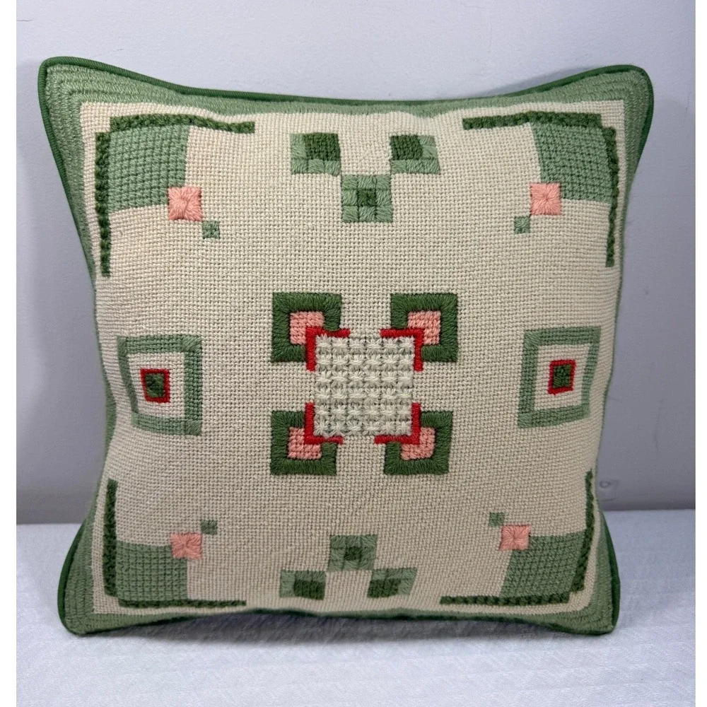 Vintage Handmade Needlepoint Throw Pillow Geometric Art Deco Green Pink 14x14